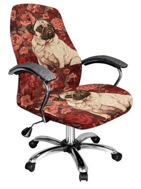 NEW Set of 2 - Pug & Roses Office Chair Cover - floral dogs pugs puppy red